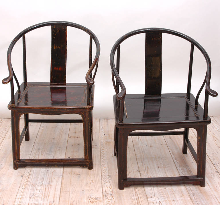 Wood Pair of Antique Black Chinese Qing Horseshoe-Back Armchairs
