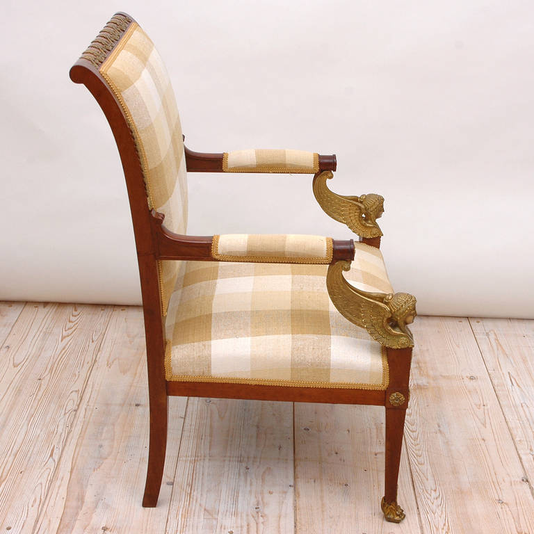 19th Century Pair of French Empire Fauteuils in Mahogany with Bronze Doré Ormolu, circa 1810 For Sale