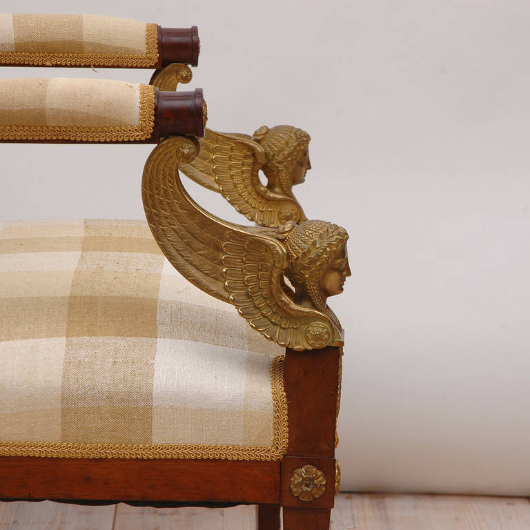 Pair of French Empire Fauteuils in Mahogany with Bronze Doré Ormolu, circa 1810 For Sale 2