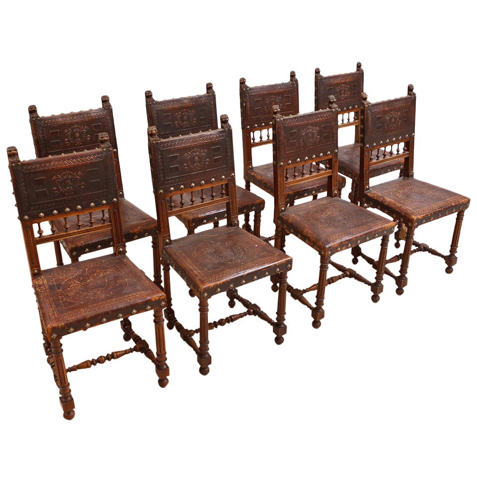 Set of Eight French Neo-Renaissance Dining Chairs in Walnut, circa 1860