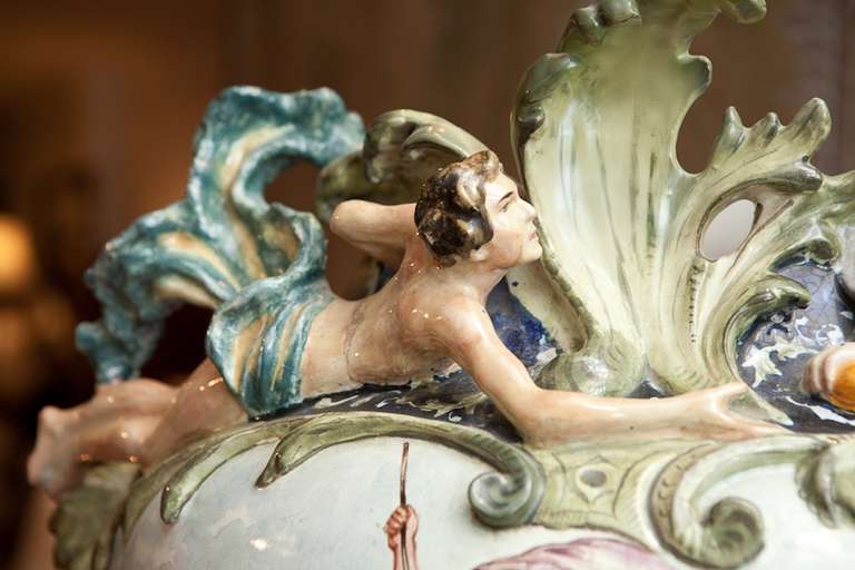 Rococo Revival 19th Century Italian Majolica Urn with Neptune Riding a Shell Pulled by Horses