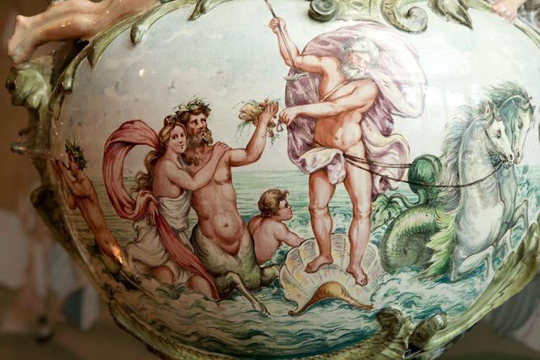 19th Century Italian Majolica Urn with Neptune Riding a Shell Pulled by Horses 1