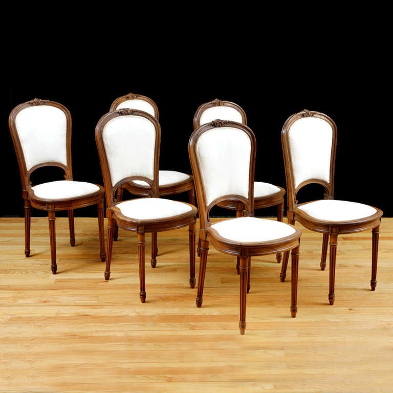 Set of Six Antique Louis XVI Style French Dining Chairs in Walnut, c. 1870