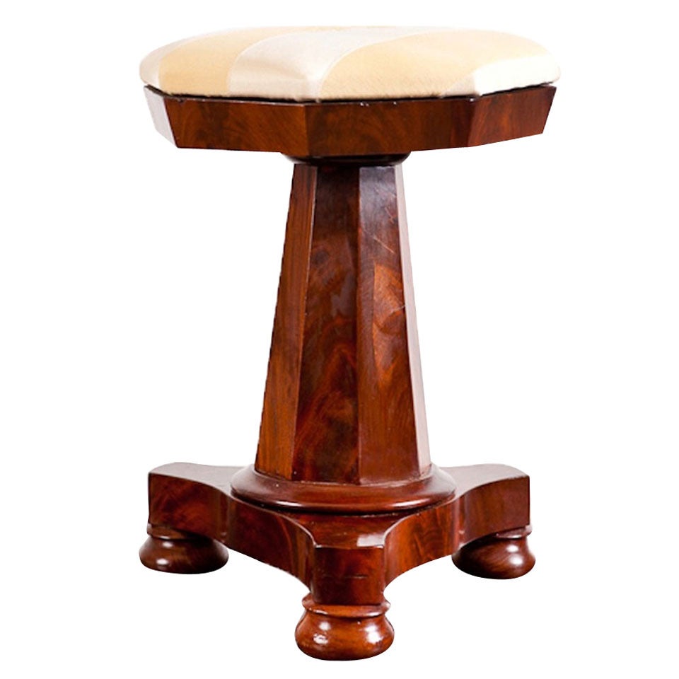 American Empire Piano Stool in Crotch Mahogany with Upholstered Seat, circa 1830