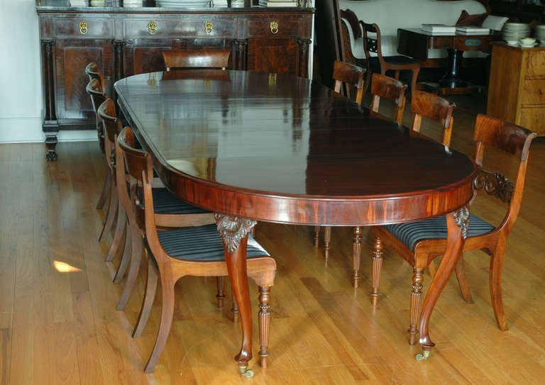 10' Danish Extension Dining Table in Mahogany with Three Skirted Leaves, c. 1850 In Excellent Condition In Miami, FL