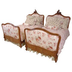 French Belle Époque Walnut Beds c. 1880 upholstered in Jacquard and Tulle