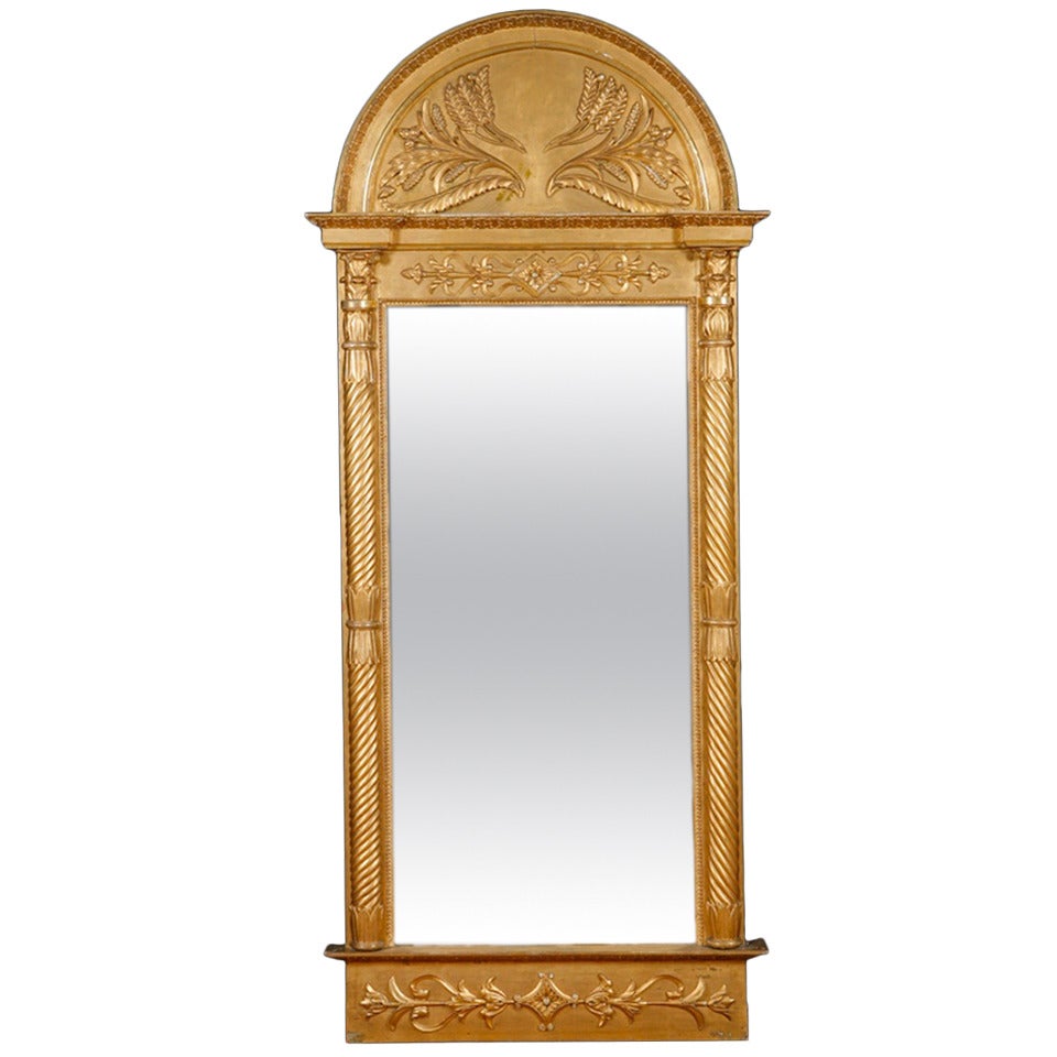 Tall Swedish Empire Mirror in Carved & Gilded Wood w/ Arched Top, c. 1825