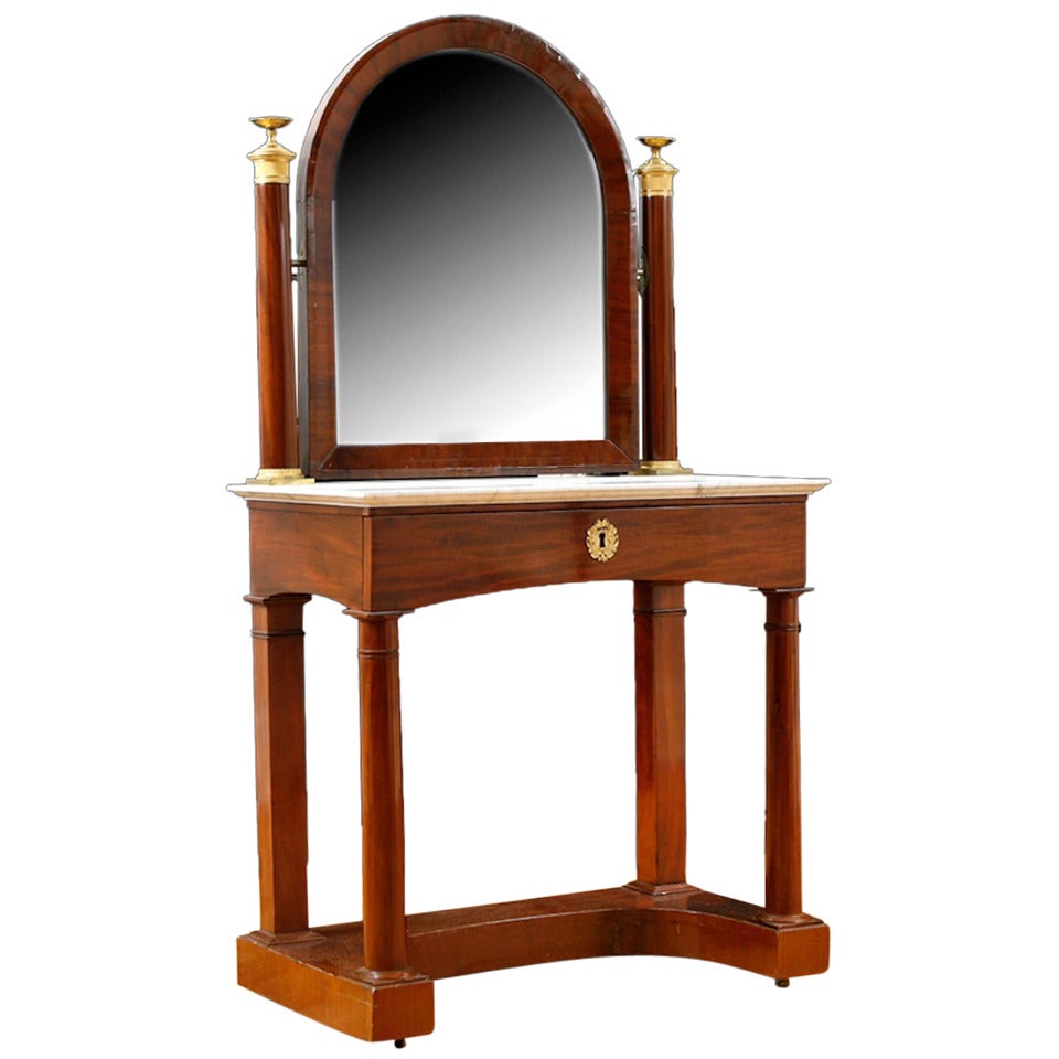 French Charles X Dressing Table w Bronze D'Ore Ormolu & White Marble, c 1820