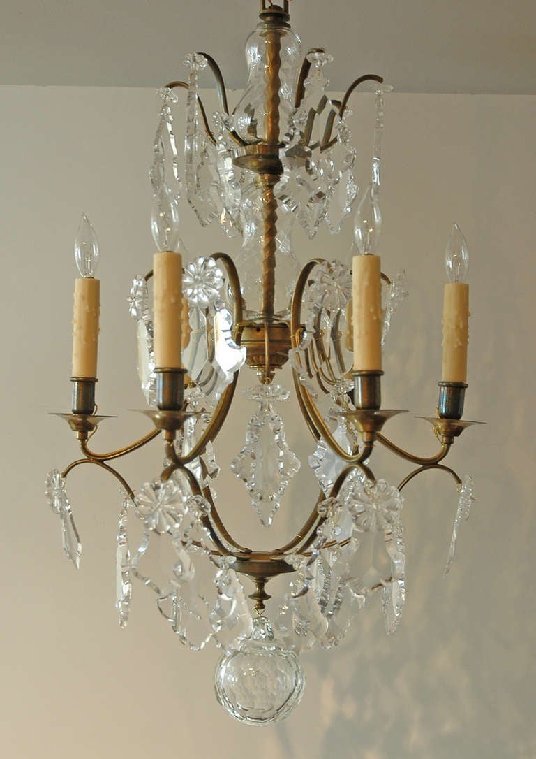 Swedish Six-Light Chandelier with Cut Crystal Leaf Shaped Prisms, circa 1870 In Good Condition For Sale In Miami, FL