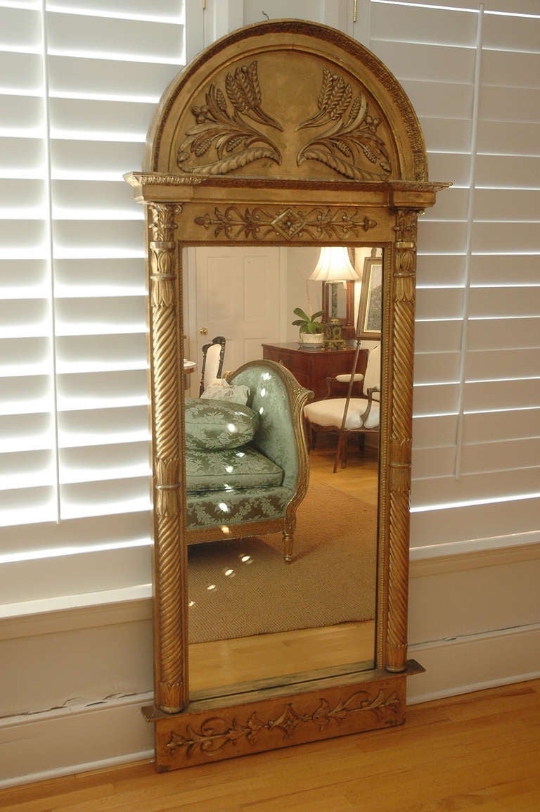 Hand-Carved Tall Swedish Empire Mirror in Carved & Gilded Wood w/ Arched Top, c. 1825