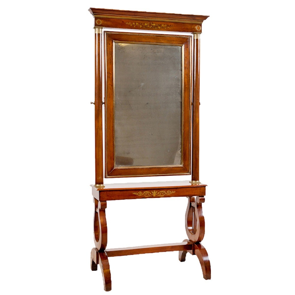 French Empire Mahogany Cheval Mirror with Brass Inlays & Ormolu, circa 1790 For Sale