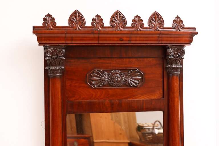 Carved Tall Stately Empire Mirror in Cuban Mahogany with Columns, Denmark, c. 1820 For Sale