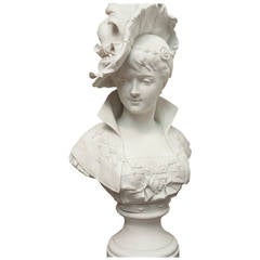 Antique Bust of a Young Woman with Plumed Hat by Paul Duboy