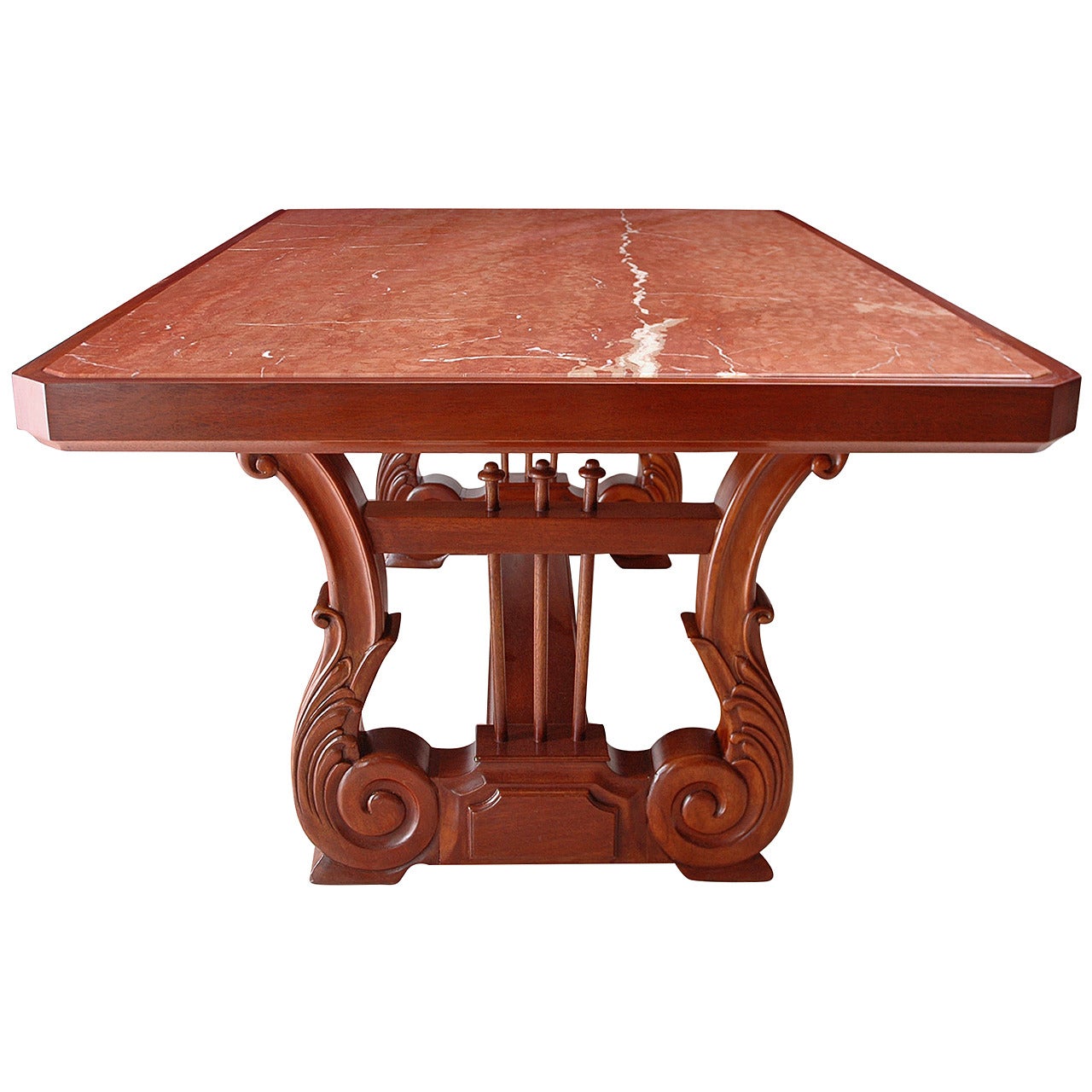 Custom 75" Table with Carved Lyre Mahogany Trestle Base and Inset Marble Top