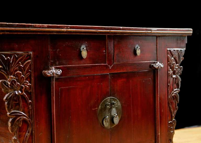 Lacquered Chinese Qing Cinnabar Red Cabinet with Carved Peonies, circa 1800 For Sale