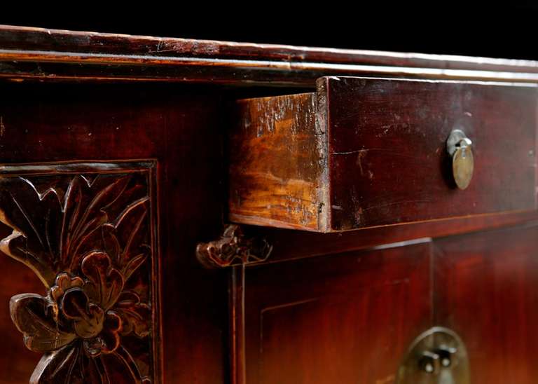 19th Century Chinese Qing Cinnabar Red Cabinet with Carved Peonies, circa 1800 For Sale