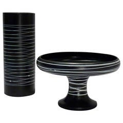 Retro Set of Haegar Black Pottery Vase and Compote