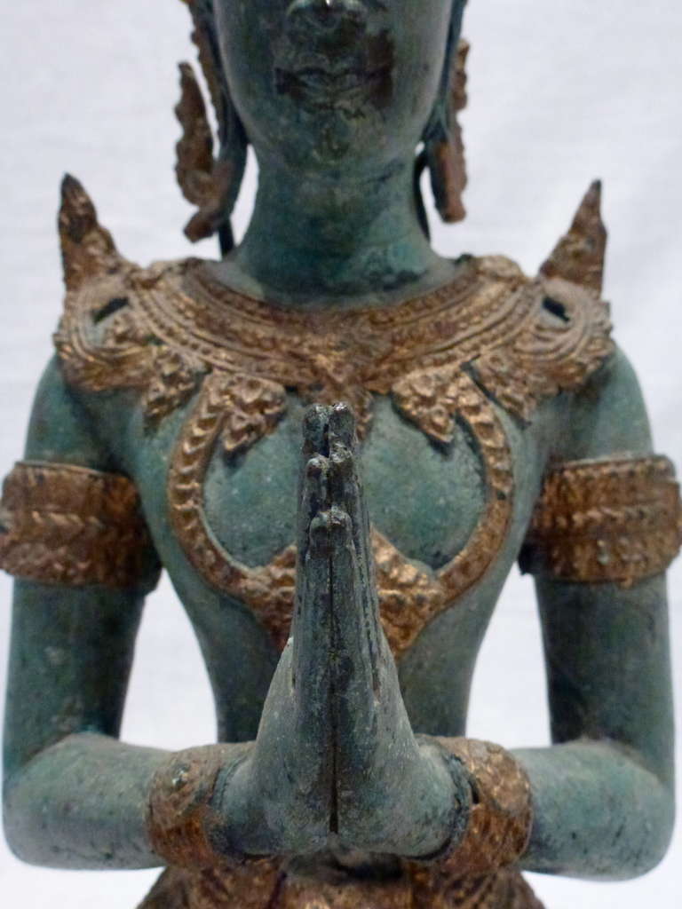 Bronze and Gold Leaf Praying Thai Buddha Sculpture For Sale 2