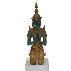 Antique Bronze and Gold Leaf Praying Thai Buddha Sculpture