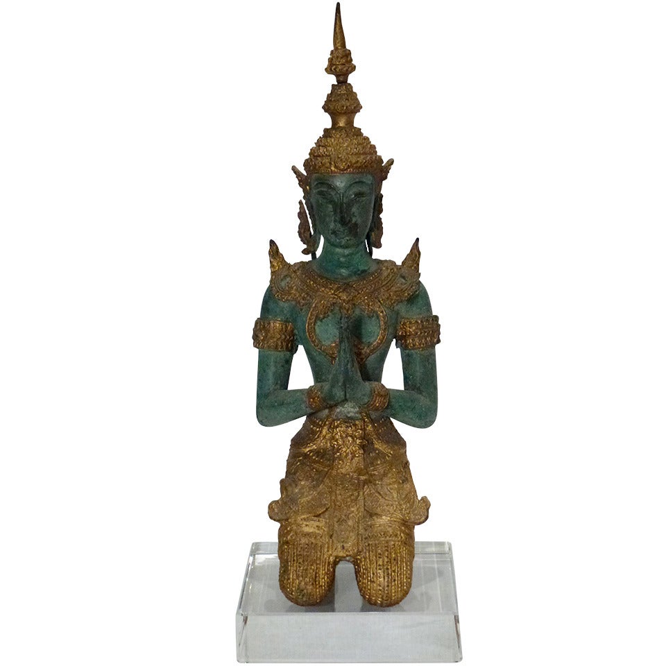 Bronze and Gold Leaf Praying Thai Buddha Sculpture For Sale