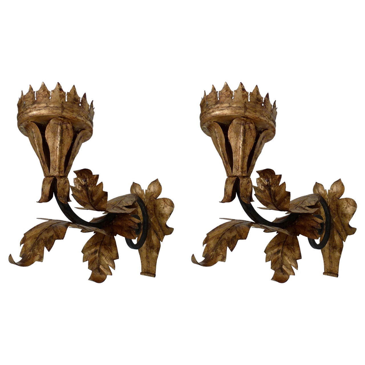 Pair of 19th Century Italian Wrought Iron Pricket Sconces For Sale