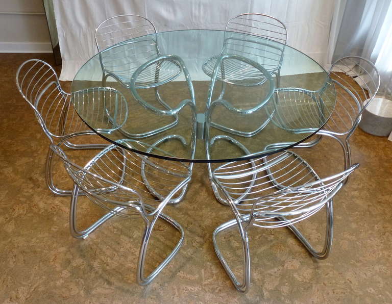 Rare and Stunning Sabrina Dining Set by Gastone Rinaldi.  Made of Beautifully Curved Chrome-Plated Double Tubular Steel.  Table Measures 60