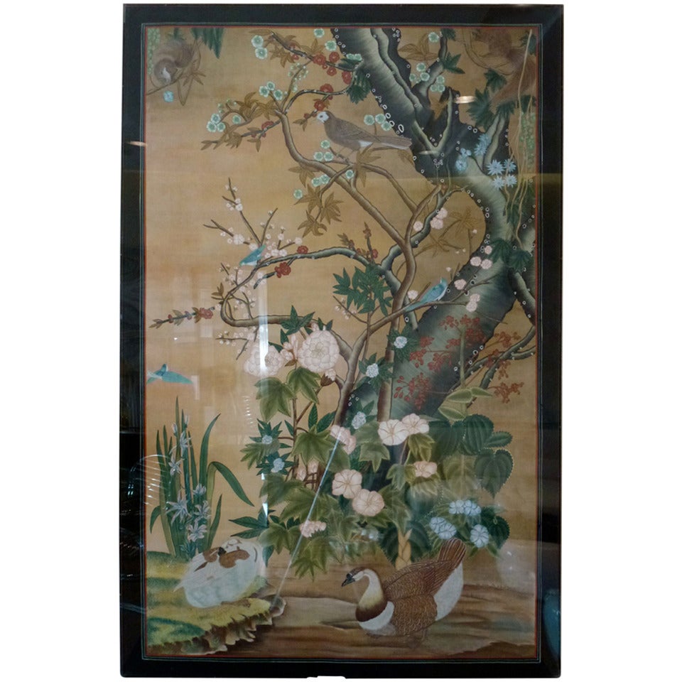 Hand Painted Japanese Silk Panel / Screen with Cherry Blossoms For Sale