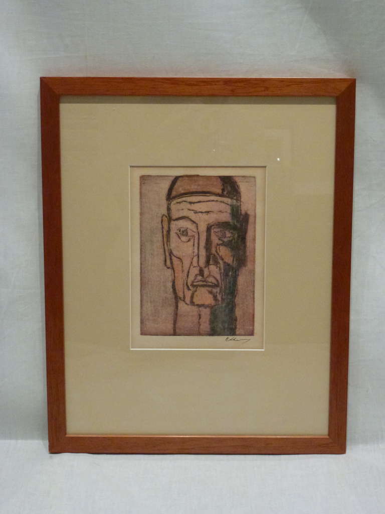 Boldly Colored Original Cubist Movement Block Print Portrait of a Man. Signed by Artists.  Handsomely Matted and Framed.