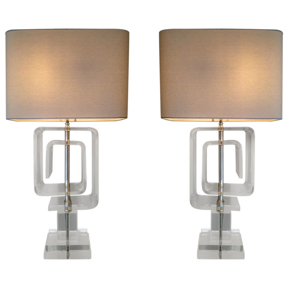 Pair of Les Prismatiques Lucite Lamps For Sale