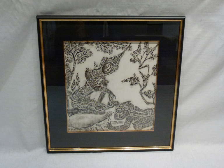 Exceptional Set of Mid Century Stone Rubbings from a Buddhist Temple in Thailand.  Fabulous Definition.  Charcoal on Rice Paper.  Beautifully Matted and Framed.