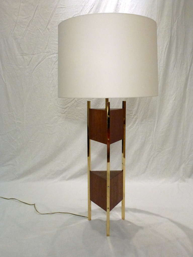 Monumental Pair of Table Lamps by Laurel LAmp Company.  Solid Walnut Triangular Blocks Suspended Between Three Square Brass Rods.  Signature Laurel Harps. Reminiscent of McCobb's Calvin Group.