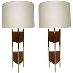 Pair of Laurel Walnut and Brass Table Lamps
