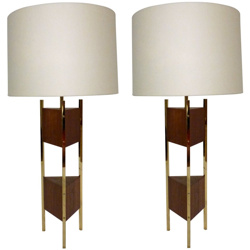 Pair of Laurel Walnut and Brass Table Lamps For Sale