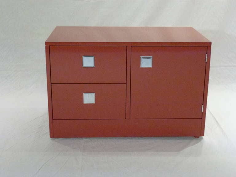 Pair of Directional Custom Collection Low Chests in a Rust Hand Rubbed Lacquer Finish Designed by Milo Baughman.  Signature Nickel Cantilever Hardware.
1960s