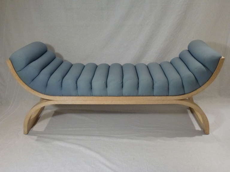 Eclipse Bench Designed by Jay Spectre for Century Furniture.
Original Pale Blue Upholstery, Cerused White Oak Finish and Metal Details.
1980's