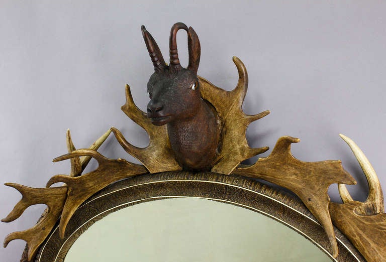 Black Forest Antique Antler Trophy Mirror,  Austria circa 1860