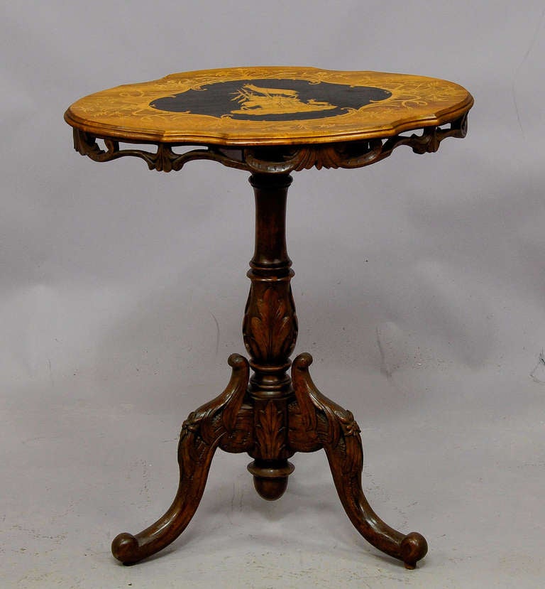 Carved Marquetry Table Swiss Brienz 1900