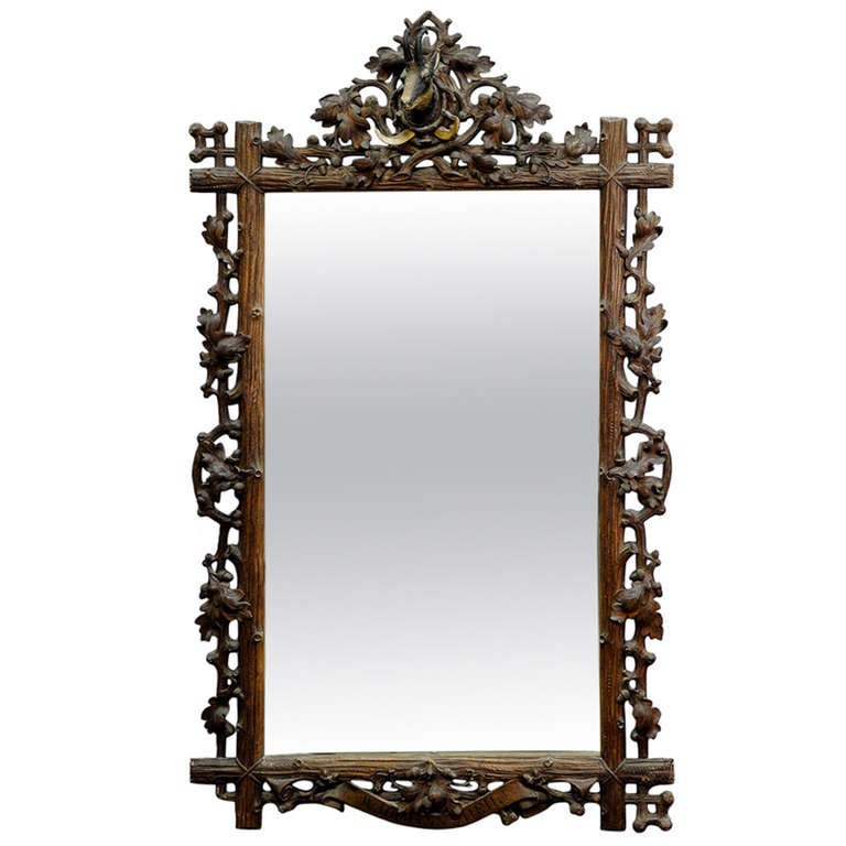 Large Black Forest Carved Wood Mirror With Chamois Head at 1stdibs