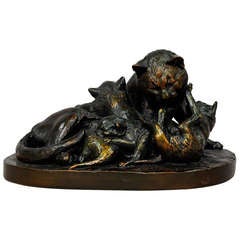 Sculpture of Cat Playing with Her Kittens by Julius Heinrich Haehnel