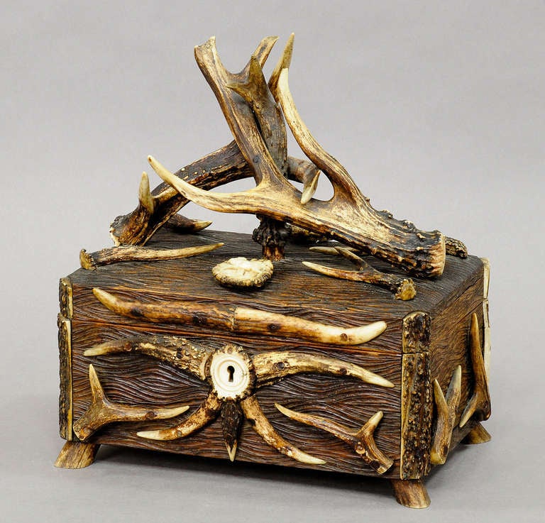 Antique Black Forest Carved Wood Antler Casket