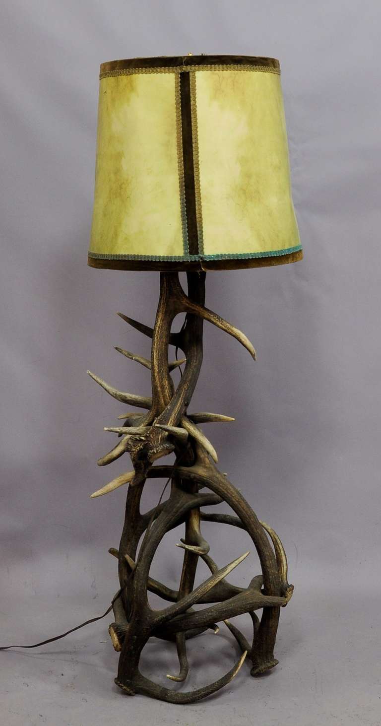 A vintage standard lamp made of large original antlers from the stag. Germany, circa 1940-1950.