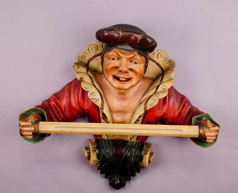Carved Wood Jester Towel Holder circa 1900
