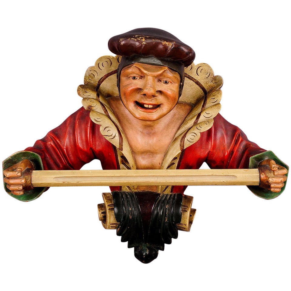 Carved Wood Jester Towel Holder circa 1900