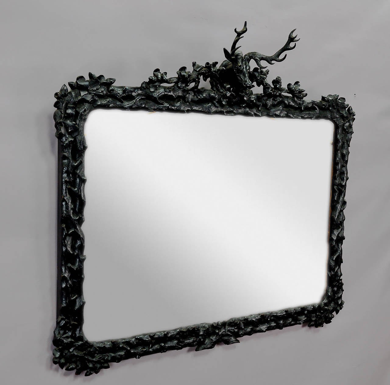 Large Black Forest Wooden Carved Mirror with Stag Head