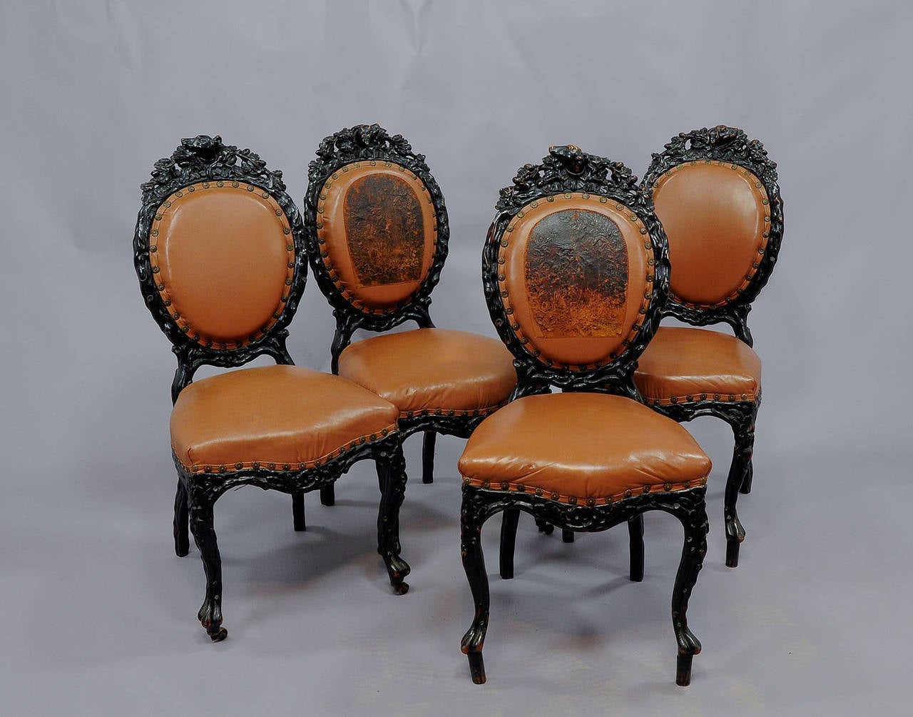 Black Forest Rustic Carved Table with Four Chairs