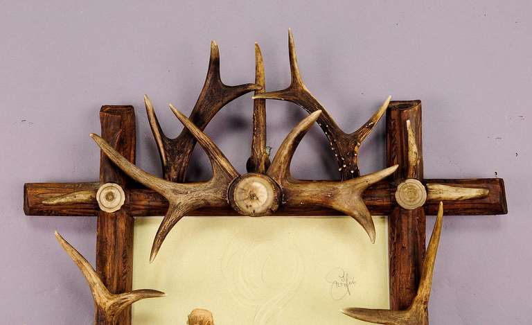 German Black Forest Antler Picture Frame with Humorous Print by Geilfus