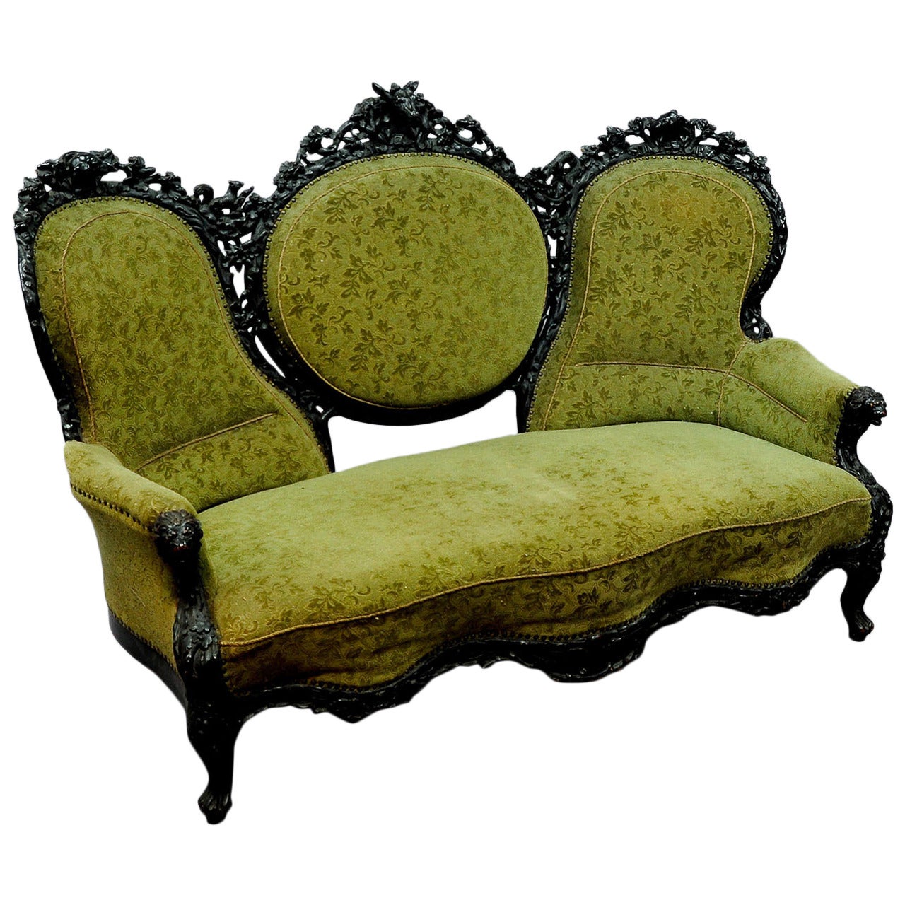 Black Forest Three-Seat Settee with Fine Carvings