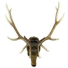 Antique Wooden Carved Stag Head with Large Real Antlers