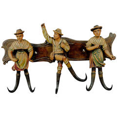 Whimsical Carved Wood Folksy Coat Rack, circa 1920