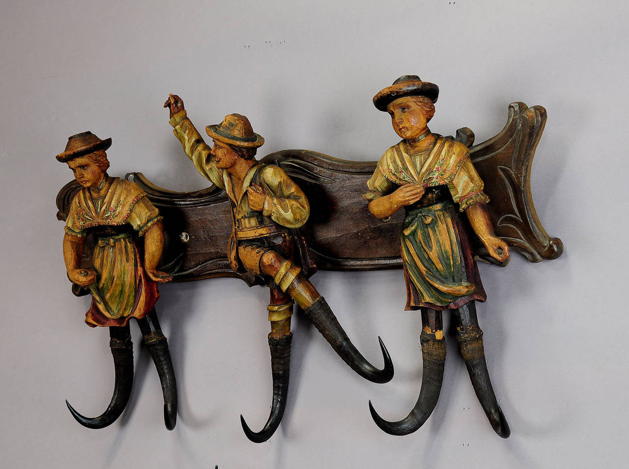 Early 20th Century Whimsical Carved Wood Folksy Coat Rack, circa 1920